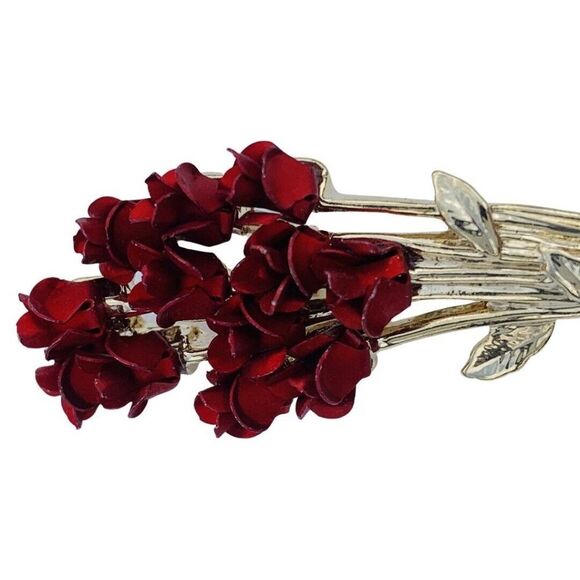 Vintage AVON Dozen Of Red Roses Bouquet Yellow Gold Tone Polished Brooch DM97 - Picture 4 of 6